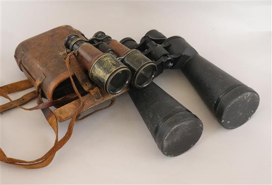 A pair of World War I J & B green military binoculars and another pair